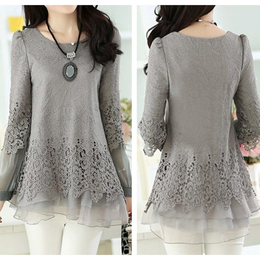 Grey Lace Layered Chiffon Blouse Medium